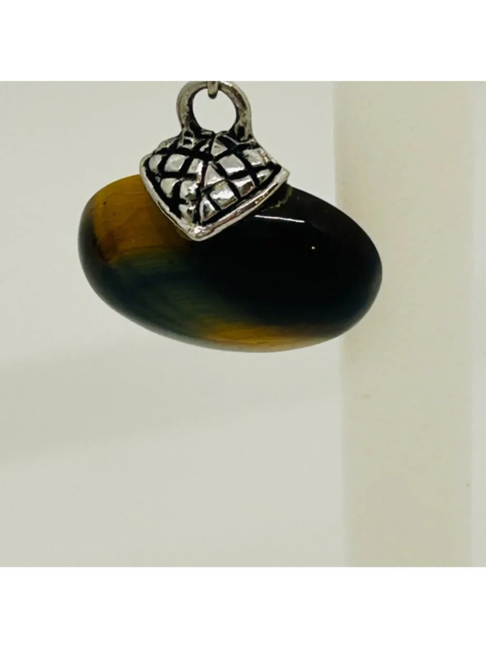 Tiger's Eye Dangle Drop Earrings Oval Gemstone Silver Tone Accents Modernist